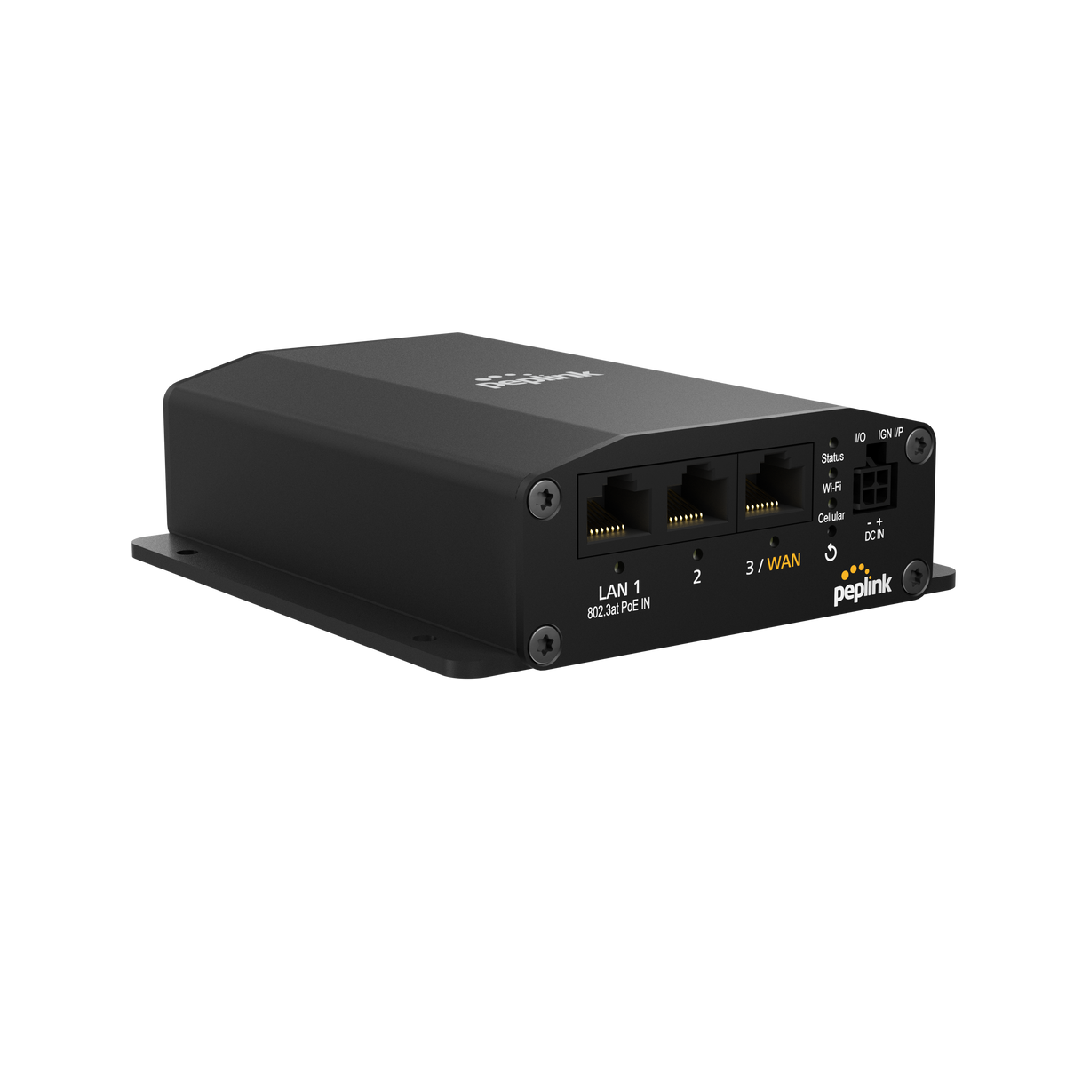 Peplink BR1 Mini device with three ethernet ports, featuring a matte black finish, a mounting base, and a front label with port indicators
