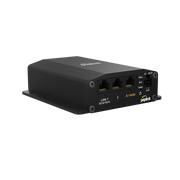 Peplink BR1 Mini device with three ethernet ports, featuring a matte black finish, a mounting base, and a front label with port indicators